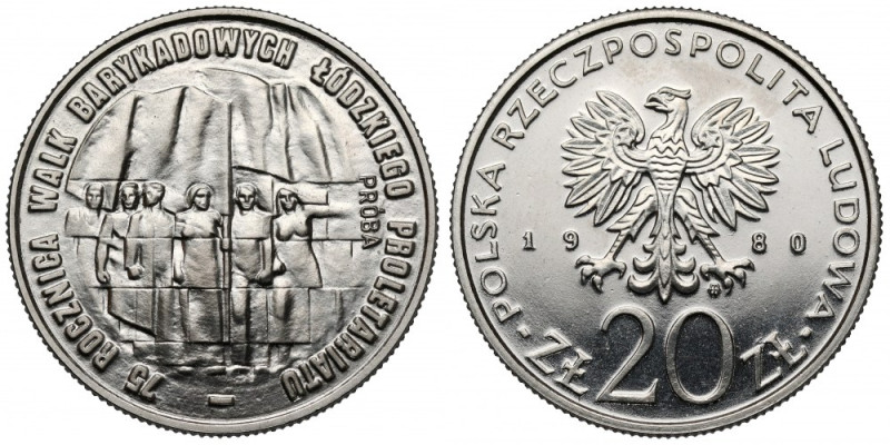 Próba NIKIEL 20 złotych 1980 Walki Barykadowe Menniczy, z częściowym odciskiem p...
