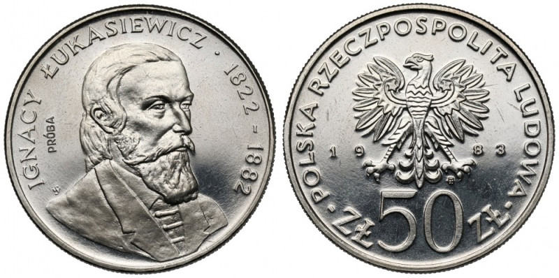 Próba NIKIEL 50 złotych 1983 Łukasiewicz Patyna na lewo od głowy. 
Reference: P...