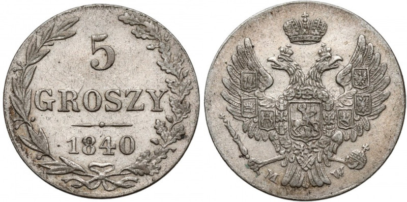5 groszy 1840 MW - mała cyfra nominału Odmiana z wąskim ogonem orła i oczkami ós...