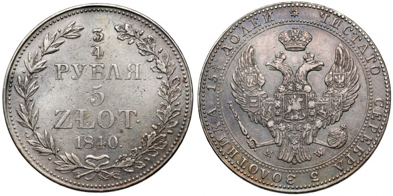 3/4 rubla = 5 złotych 1840 MW, Warszawa Odmiana z ogonem orła z piórami gęsto i ...