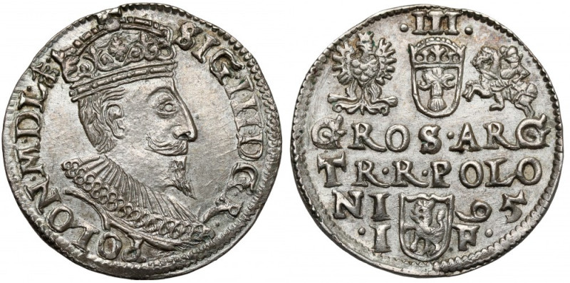 Zygmunt III Waza, Trojak Olkusz 1595 - znak na Aw. Piękny trojak, jedynie z zary...