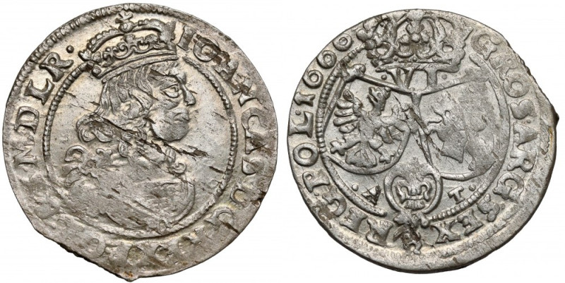 Jan II Kazimierz, Szóstak Bydgoszcz 1666 AT Moneta z menniczą, połyskową powierz...