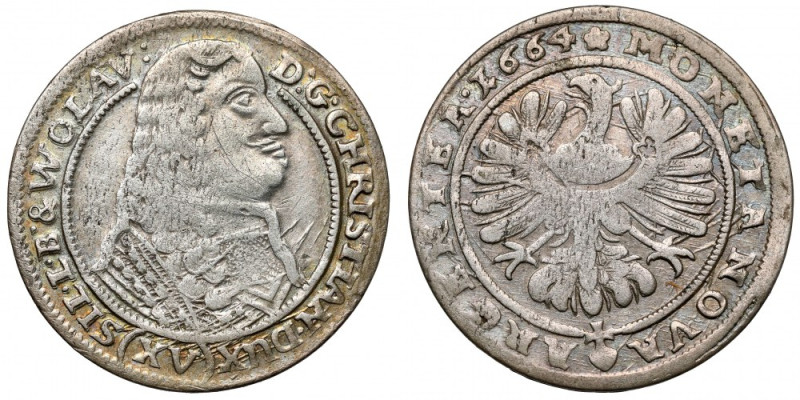 Śląsk, Chrystian wołowski, 15 krajcarów 1664, Brzeg Ładna. 
 Ostatni rocznik 15...
