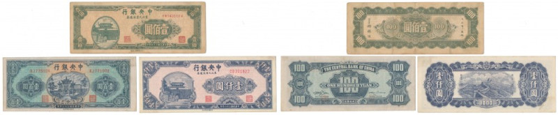Chiny, 2x 100 i 1.000 Yuan 1945-1947 - zestaw (3szt) 
Grade: 2+, 3+, 4+ CHINA