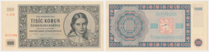 Czechoslovakia, 1.000 Korun 1945 - Perforation Perforowany 3-ma dziurkami.&nbsp;...