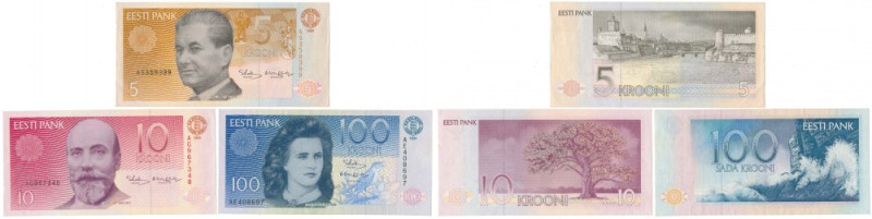Estonia, 5, 10 i 100 Krooni 1991 - zestaw (3szt) 100 krooni w st.2+, pozostałe b...