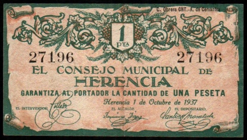 Herencia, Ciudad Real. Consejo Municipal. 1 de octubre de 1937. 1 peseta. 1ª emi...
