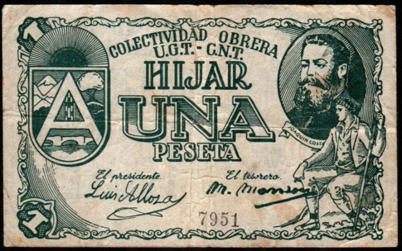 Híjar, Teruel. UGT- CNT. 1 peseta. Sin serie. Verde. G409; M760B. MBC/MBC-