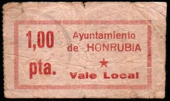 Honrubia, Cuenca. Ayuntamiento. 1 peseta. G y M no citan. MBC-. Muy escaso