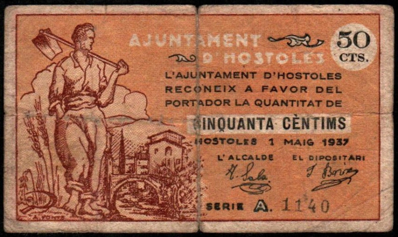 Hostoles, Girona. Ayuntamiento. 1 de mayo de 1937. 50 céntimos. Serie A. G295; T...