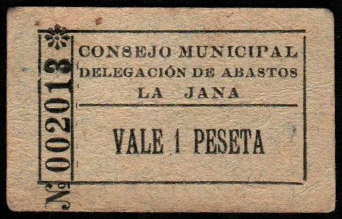 Jana, La, Castellón. Consejo Municipal. Delegación de Abastos. 1 peseta. Sin ser...
