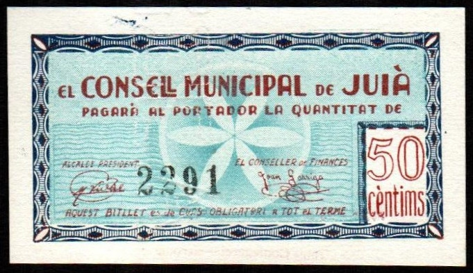 Juiá, Girona. Consejo Municipal. 50 céntimos. Sin serie. G303; T1472; Leve manth...
