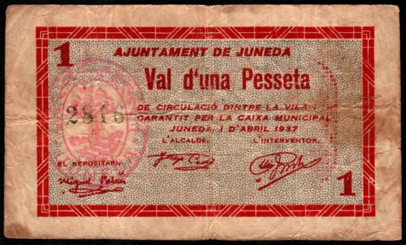 Juneda, Lleida. Ayuntamiento. 1 de abril de 1937. 1 peseta. 2ª emisión. Sin seri...
