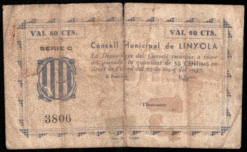 Linyola, Lleida. Consejo Municipal. Marzo de 1937. 50 céntimos. 2ª emisión. Seri...