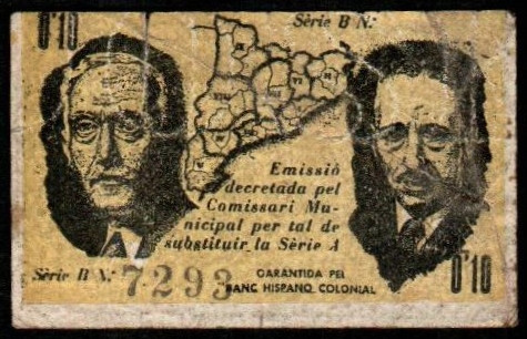 Malgrat, Barcelona. Ayuntamiento. Mayo de 1937. 10 céntimos. 2ª emisión. Serie B...