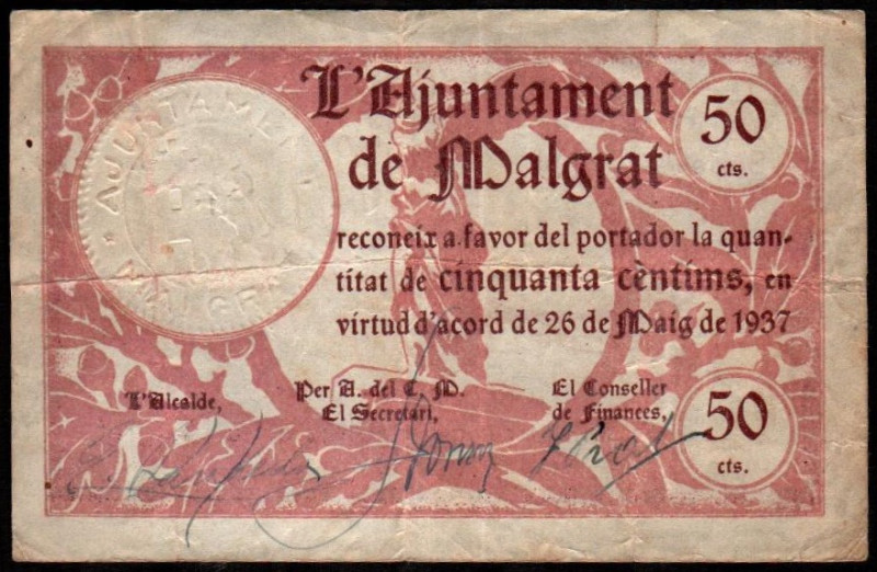 Malgrat, Barcelona. Ayuntamiento. Mayo de 1937. 50 céntimos. 3ª emisión. Serie A...