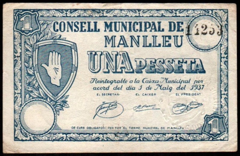 Manlleu, Barcelona. Consejo Municipal. Mayo de 1937. 1 peseta. Sin serie. G336; ...