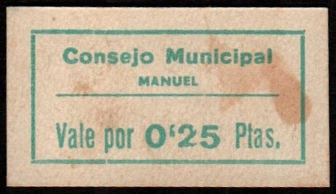 Manuel, Valencia. Consejo Municipal. 25 céntimos. G476; M880B (50-125€). Leve ma...