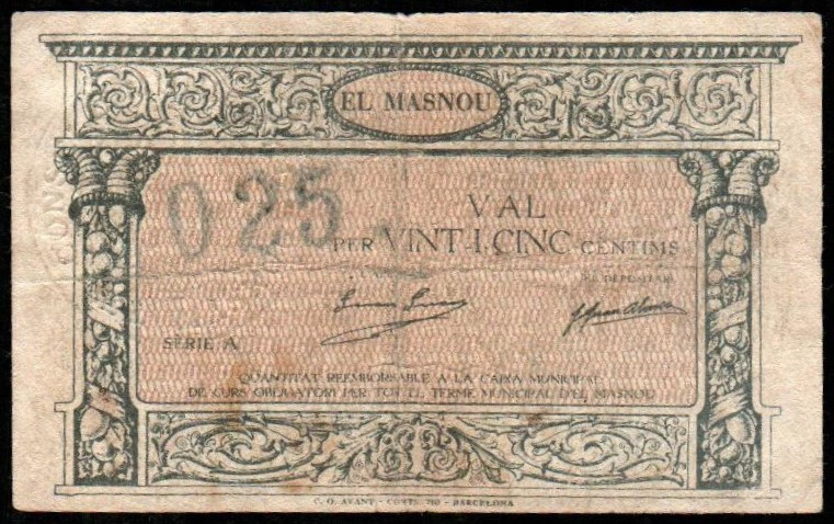 Masnou, El, Barcelona. Consejo Municipal. 25 céntimos. Serie A. G346; T1674; M89...