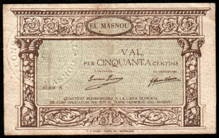 Masnou, El, Barcelona. Consejo Municipal. 50 céntimos. Serie A. G346; T1673; M89...