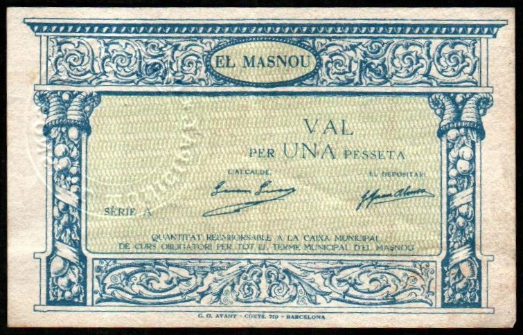 Masnou, El, Barcelona. Consejo Municipal. 1 peseta. Serie A. Numeración baja 001...