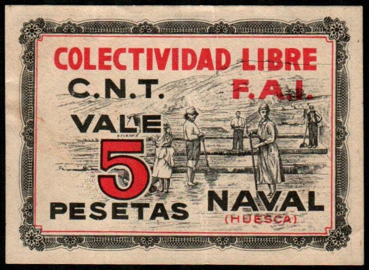 Naval, Huesca. Colectividad Libre CNT-FAI. 5 pesetas. Sin serie. Numeración bají...