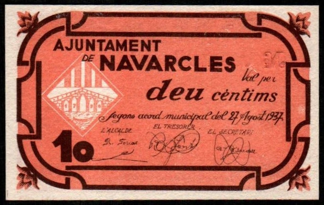 Navarcles, Barcelona. Ayuntamiento. Agosto de 1937. 10 céntimos. 2ª emisión. Sin...