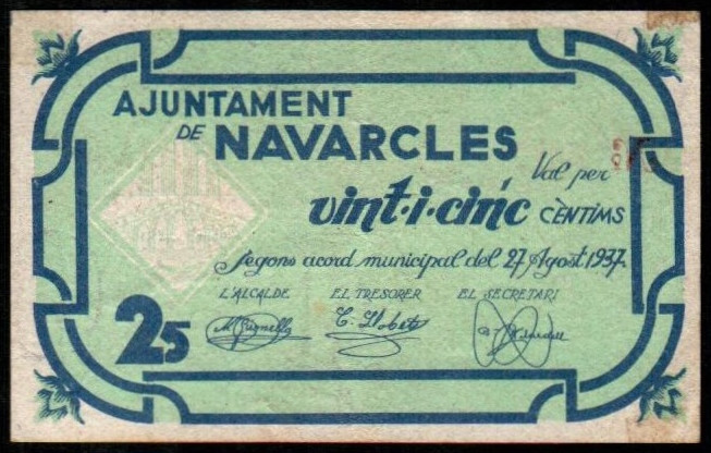 Navarcles, Barcelona. Ayuntamiento. Agosto de 1937. 25 céntimos. 2ª emisión. Sin...