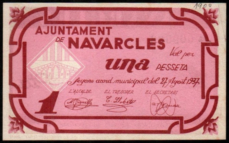 Navarcles, Barcelona. Ayuntamiento. Agosto de 1937. 1 peseta. 2ª emisión. Sin se...