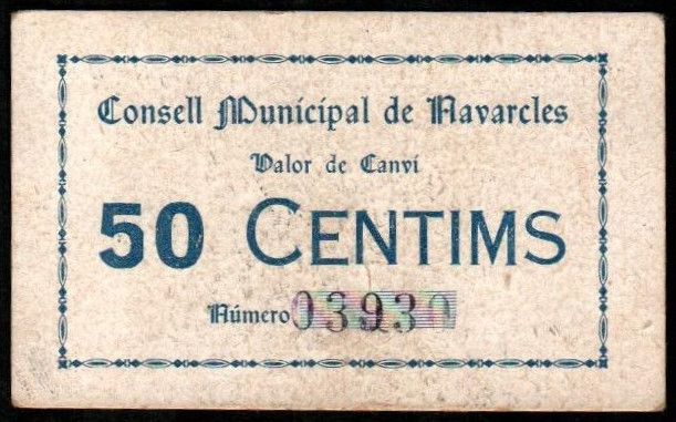 Navarcles, Barcelona. Consejo Municipal. 50 céntimos. 1ª emisión. Sin serie. G38...