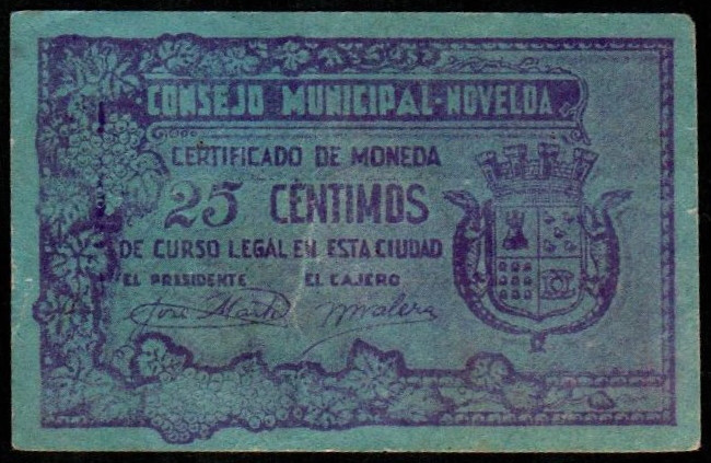 Novelda, Alicante. Consejo Municipal. 25 céntimos. Sin serie. Morado. G539a; M10...