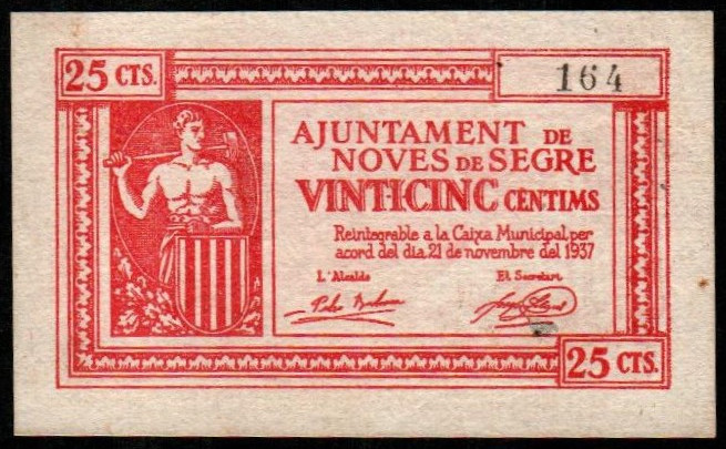 Noves de Segre, Lleida. Ayuntamiento. Noviembre de 1937. 25 céntimos. Sin serie....