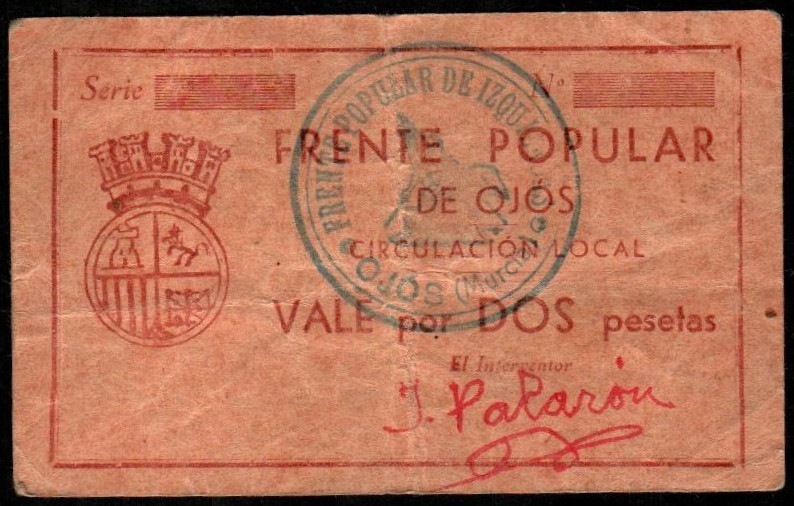 Ojós, Murcia. Frente Popular. 2 pesetas. G544a; M no cita. Casi MBC+. Raro