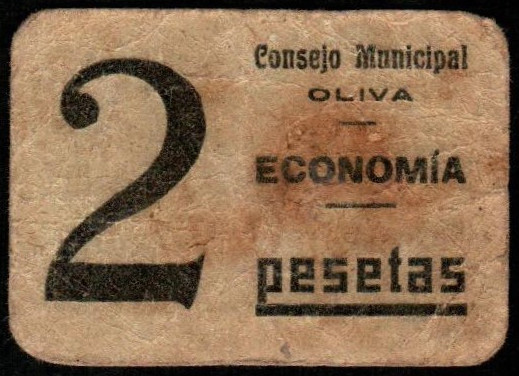 Oliva, Valencia. Consejo Municipal. 2 pesetas. 1ª emisión. G545; M1021D (50-125€...