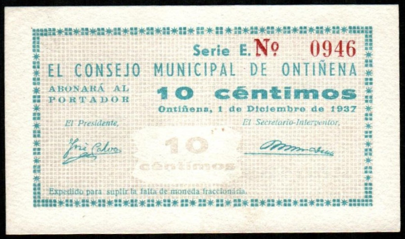 Ontiñena, Huesca. Consejo Municipal. 1 de diciembre de 1937. 10 céntimos. Serie ...