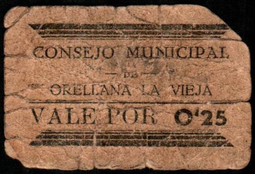 Orellana la Vieja, Badajoz. Consejo Municipal. 25 céntimos. Sin serie. G y M no ...