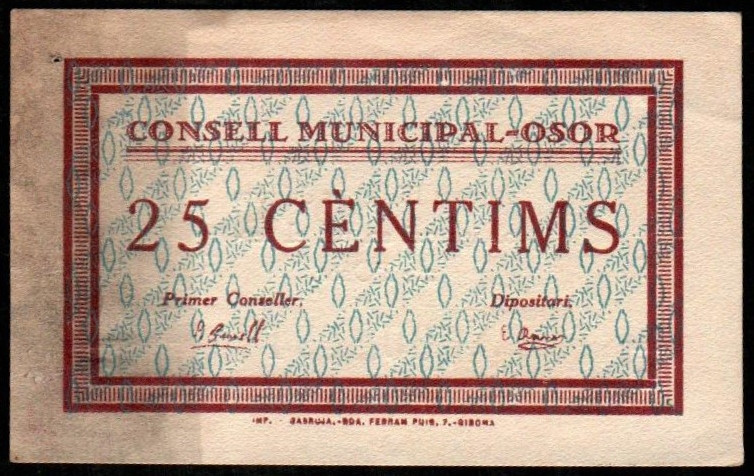 Osor, Girona. Consejo Municipal. 25 céntimos. 2ª emisión. Sin serie. G408a; T198...