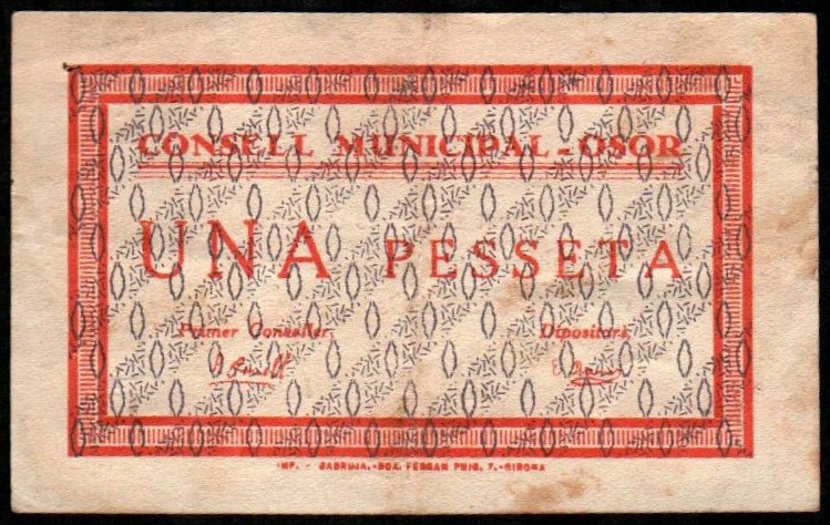 Osor, Girona. Consejo Municipal. 1 peseta. 2ª emisión. Sin serie. G408a; T1986; ...