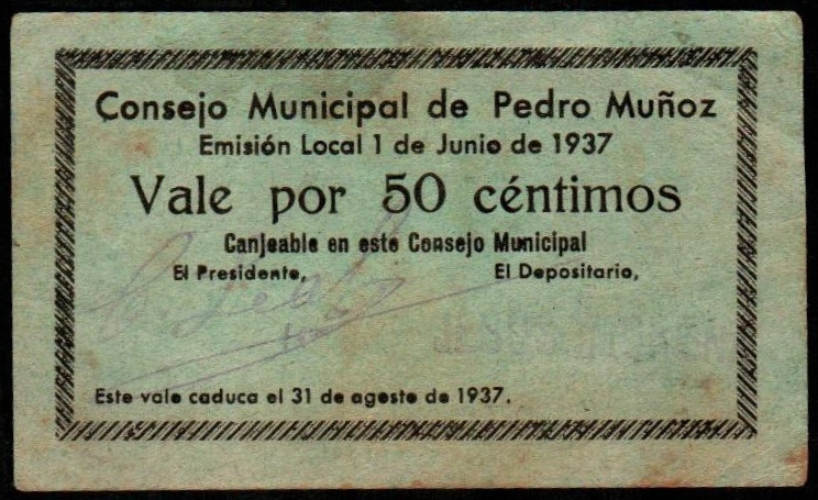 Pedro Muñoz, Ciudad Real. Consejo Municipal. 1 de junio de 1937. 50 céntimos. Si...