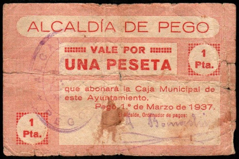 Pego, Alicante. Alcaldía. 1 de marzo de 1937. 1 peseta. 1ª emisión. G no cita; M...