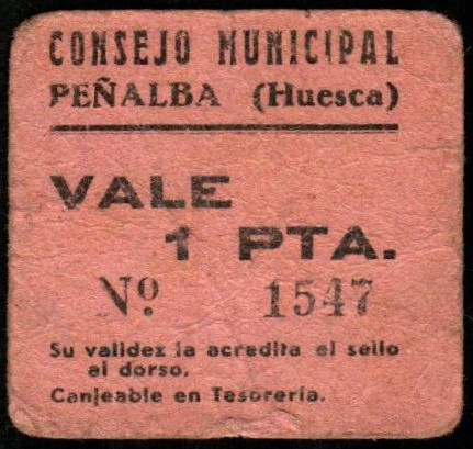 Peñalba, Huesca. Consejo Municipal. 1 peseta. Sin serie. G576; 1097D (40-150€). ...