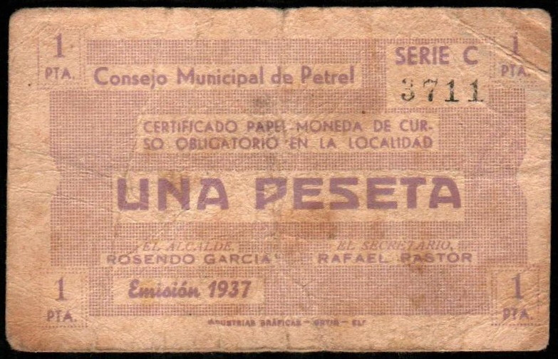 Petrel, Alicante. Consejo Municipal. 1937. 1 peseta. Serie C. G580; M1107C (70-1...