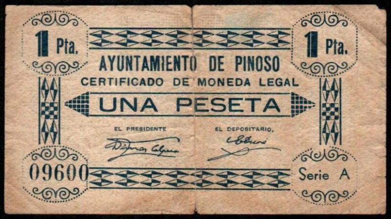 Pinoso, Alicante. Ayuntamiento. 1 peseta. 2ª emisión. Serie A. G587; M1123E (50-...