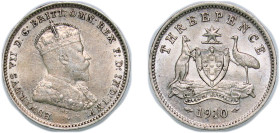 Australia Commonwealth 1910 3 Pence - Edward VII Silver (.925) Royal Mint (Tower Hill) (4000000) 1.43g UNC KM 18
