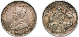 Australia Commonwealth 1911 3 Pence - George V Silver (.925) Royal Mint (Tower Hill) (4000000) 1.42g AU KM 24