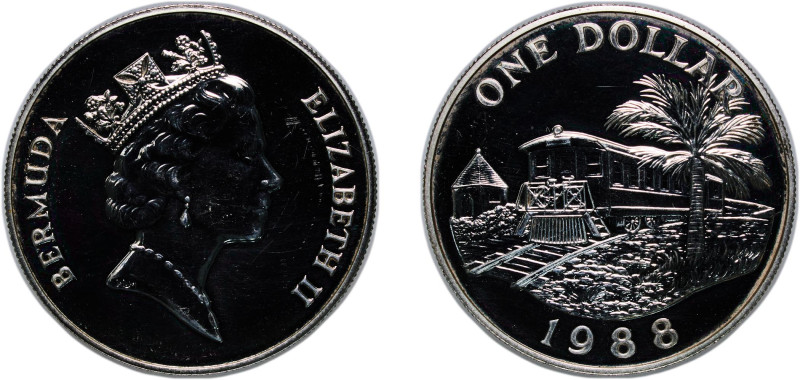 Bermuda British Overseas Territory 1988 1 Dollar - Elizabeth II (Railroad) Silve...