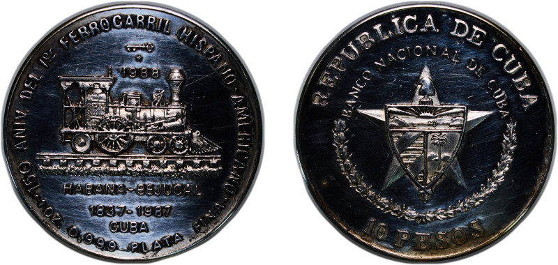 Cuba Second Republic 1988 10 Pesos (First Cuban Railroad) Silver (.999) Havana M...