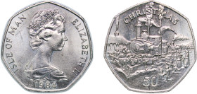 Isle of Man British dependency 1984 PM 50 Pence - Elizabeth II (Christmas) Copper-nickel Pobjoy Mint 13.46g UNC KM 127 Schön 167