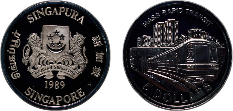 Singapore Republic 1989 sm 5 Dollars (Mass Rapid Transit) Silver (.925) Singapor...