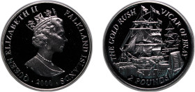 Falkland Islands British Overseas Territory 2000 2 Pounds - Elizabeth II (The Gold Rush - “Vicar of Bray” Ship) Silver (.925) Pobjoy Mint (10000) 28.4...